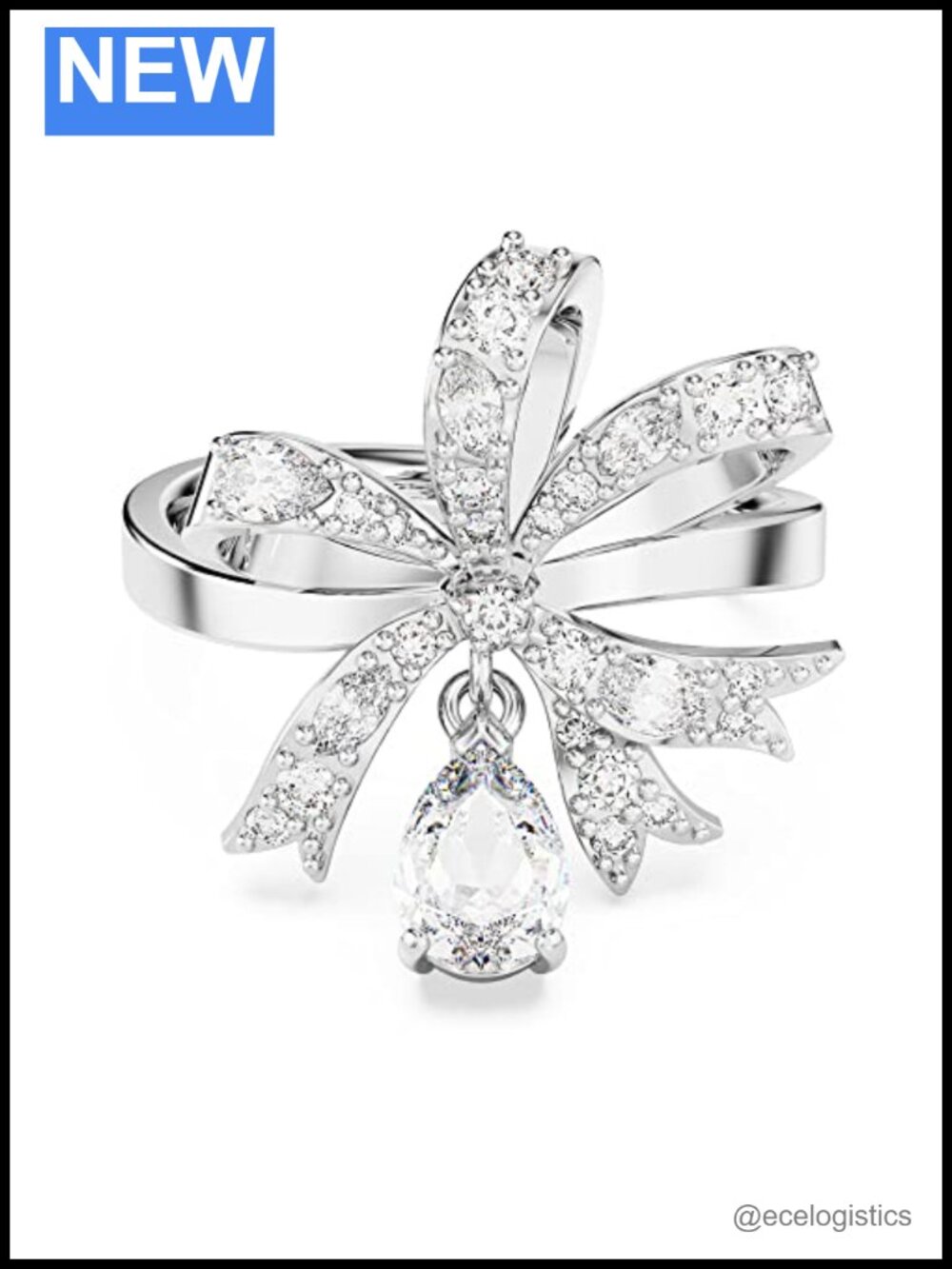 Cocktail Ring Bow Small Rhodium Finish Clear Crystal Size 5